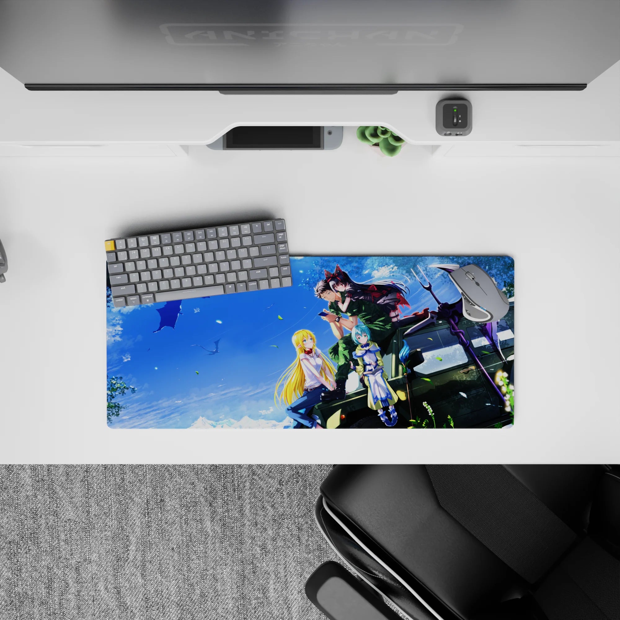 Sky-blue anime girl mouse pad 28x12 inches with warm sunlight, crisp colors, and cozy adventure vibe.