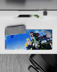 Sky-blue anime girl mouse pad 28x12 inches with warm sunlight, crisp colors, and cozy adventure vibe.