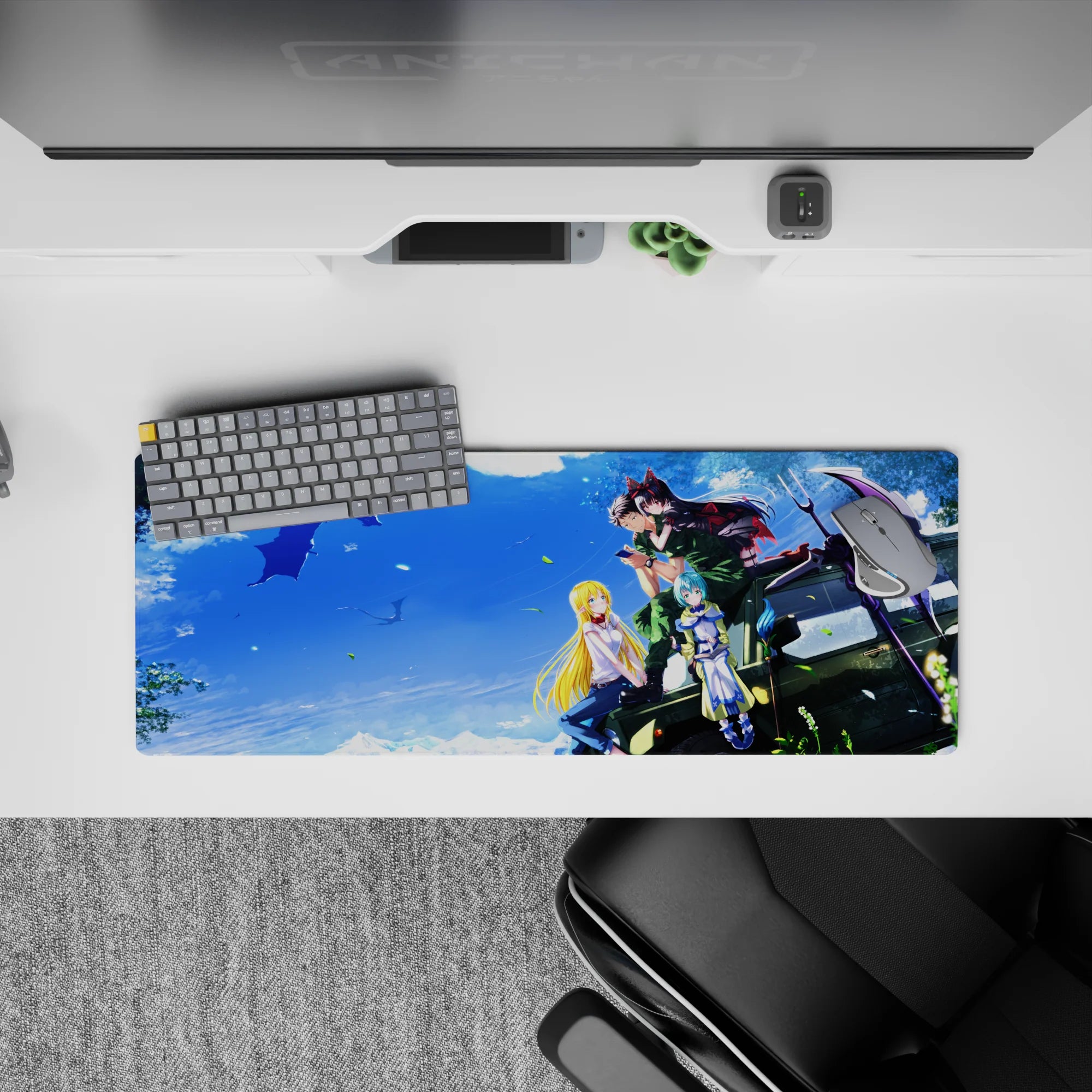 32x12 inches anime girl mouse pad in sky blues and warm gold, cozy adventurous vibe with soft sparkle.