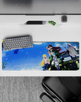 32x12 inches anime girl mouse pad in sky blues and warm gold, cozy adventurous vibe with soft sparkle.