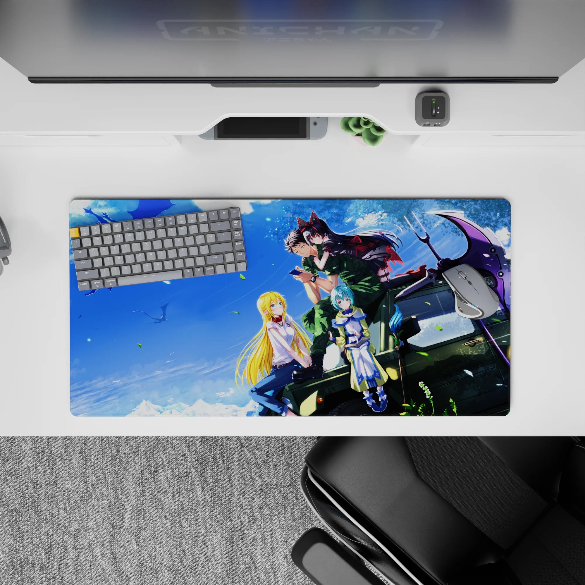 Sky-blue anime girl mouse pad 32x16 inches with warm sunlight, crisp colors, and cozy adventure vibe.