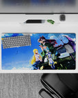 Sky-blue anime girl mouse pad 32x16 inches with warm sunlight, crisp colors, and cozy adventure vibe.