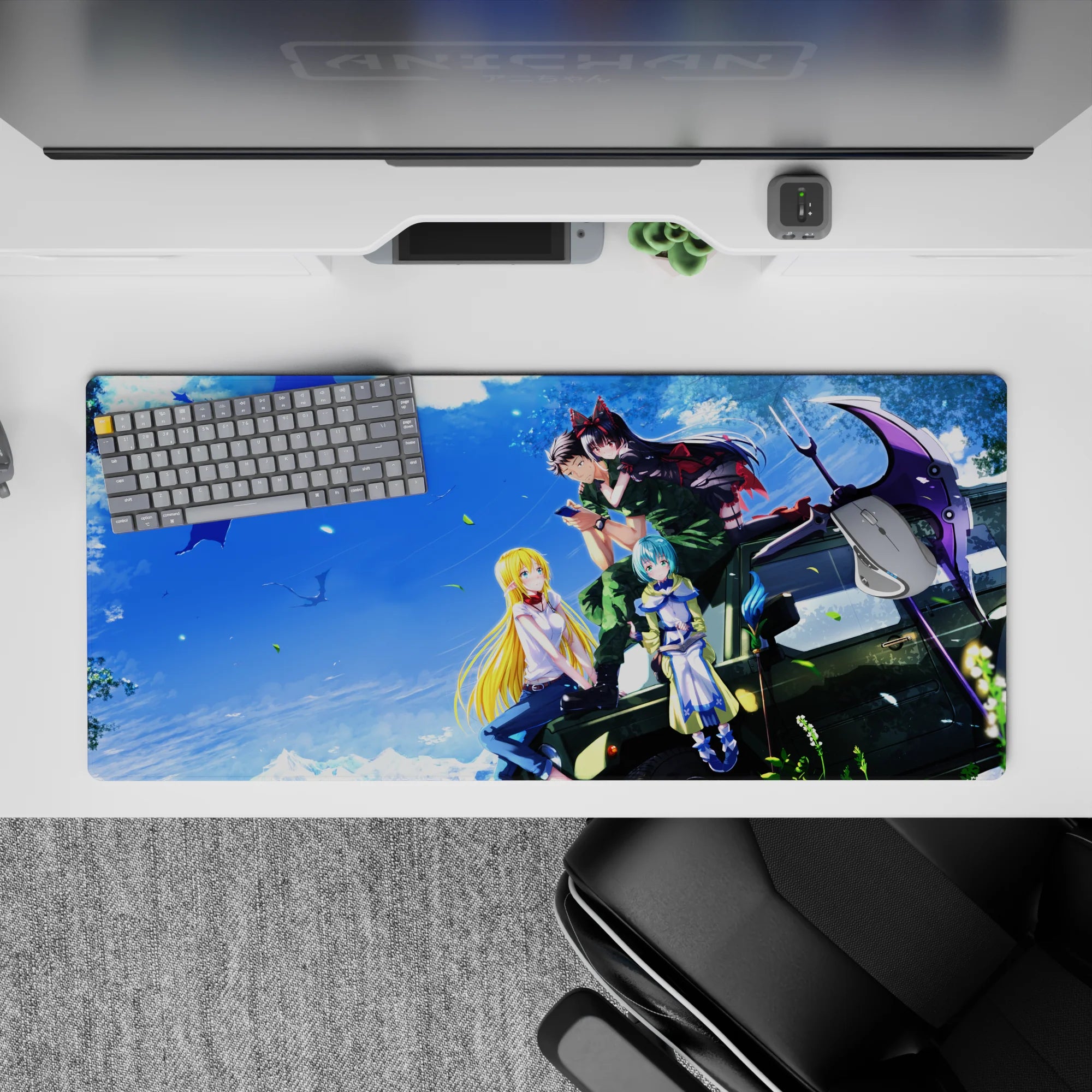 Soft sky blues and autumn leaves anime desk pad 36x16 inches, cozy adventure vibe with crisp color.