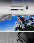 Soft sky blues and autumn leaves anime desk pad 36x16 inches, cozy adventure vibe with crisp color.