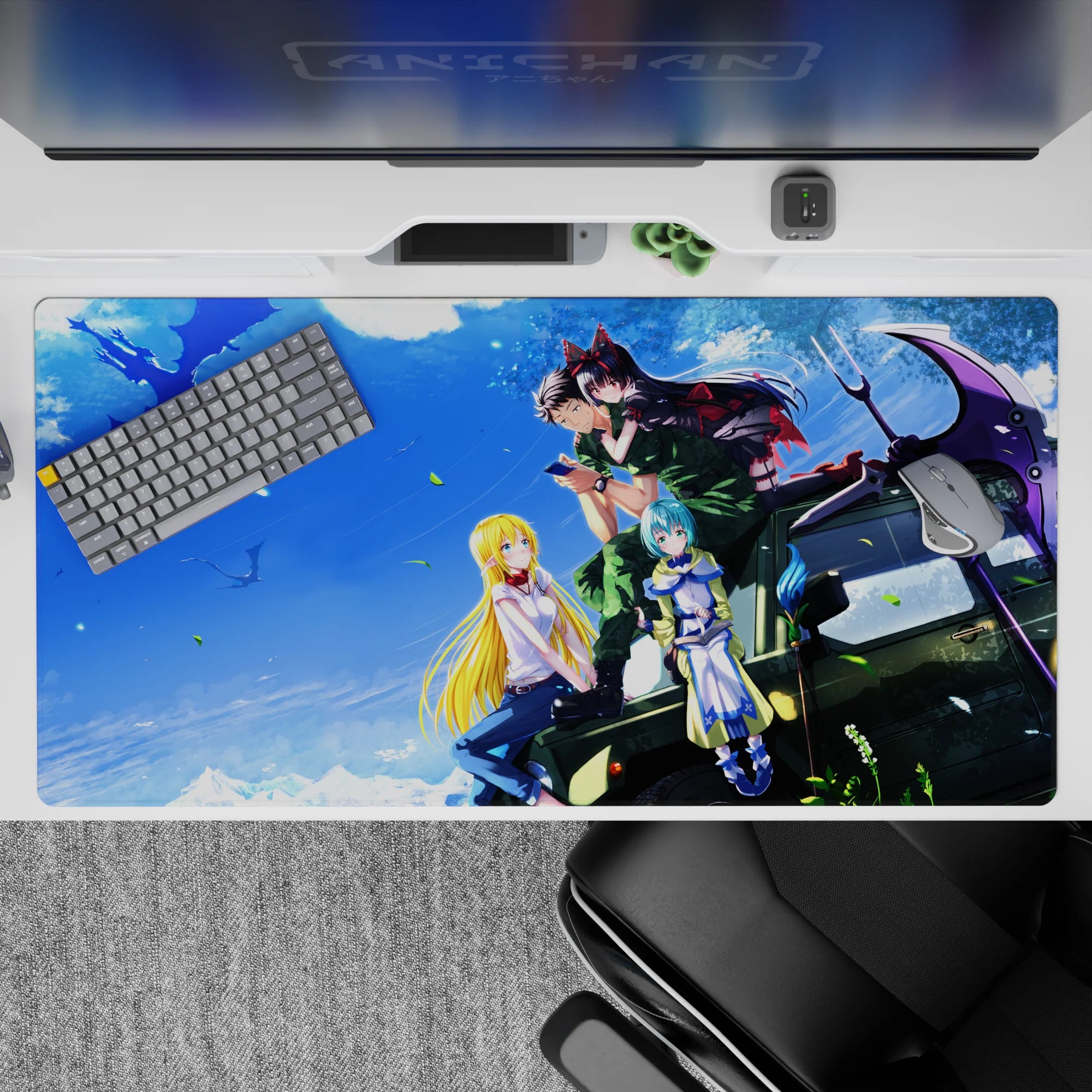 Sky-blue, sunlit anime girl desk pad 40x20 inches with warm golden glow, teal sparkle, cozy vibe.