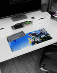 Anime girl mouse pad 28x12 inches showing a green-clad guy on a jeep with a red-bow girl clinging close.