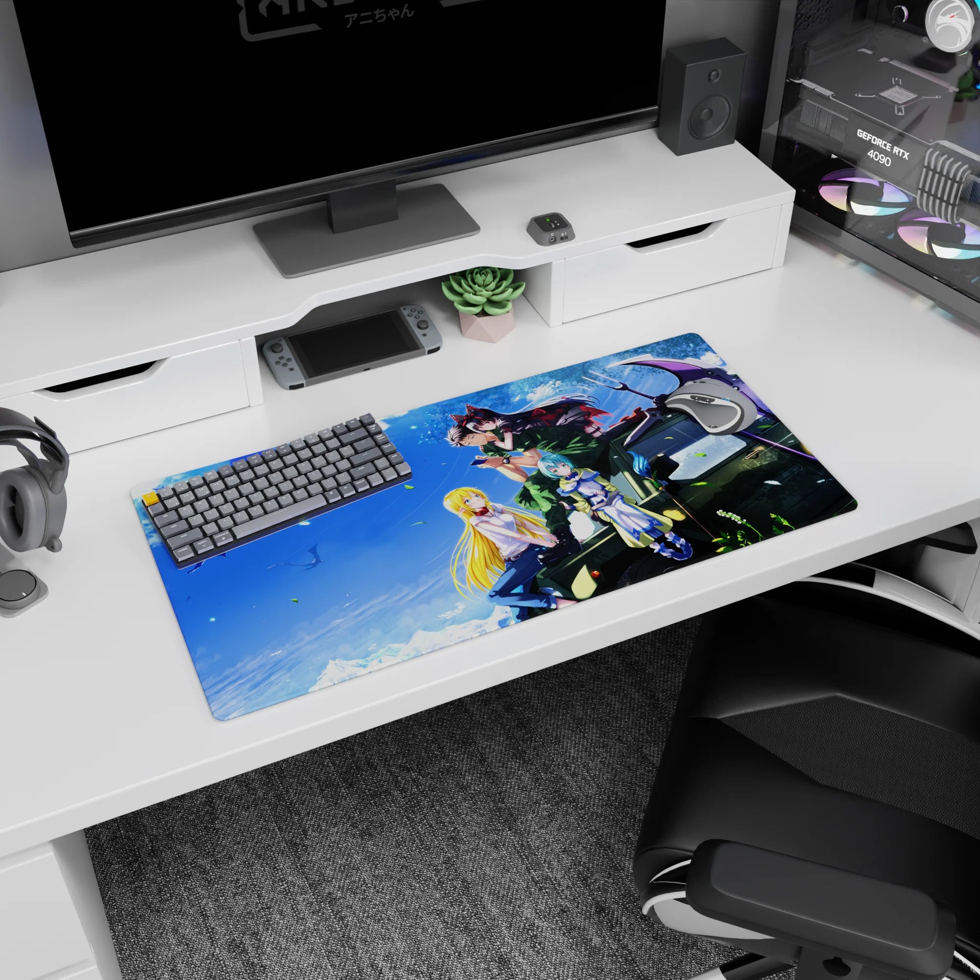 Anime girl mouse pad 32x16 inches featuring a girl with red bow hugging a guy on a jeep, playful and fierce.
