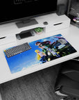 Anime girl mouse pad 32x16 inches featuring a girl with red bow hugging a guy on a jeep, playful and fierce.