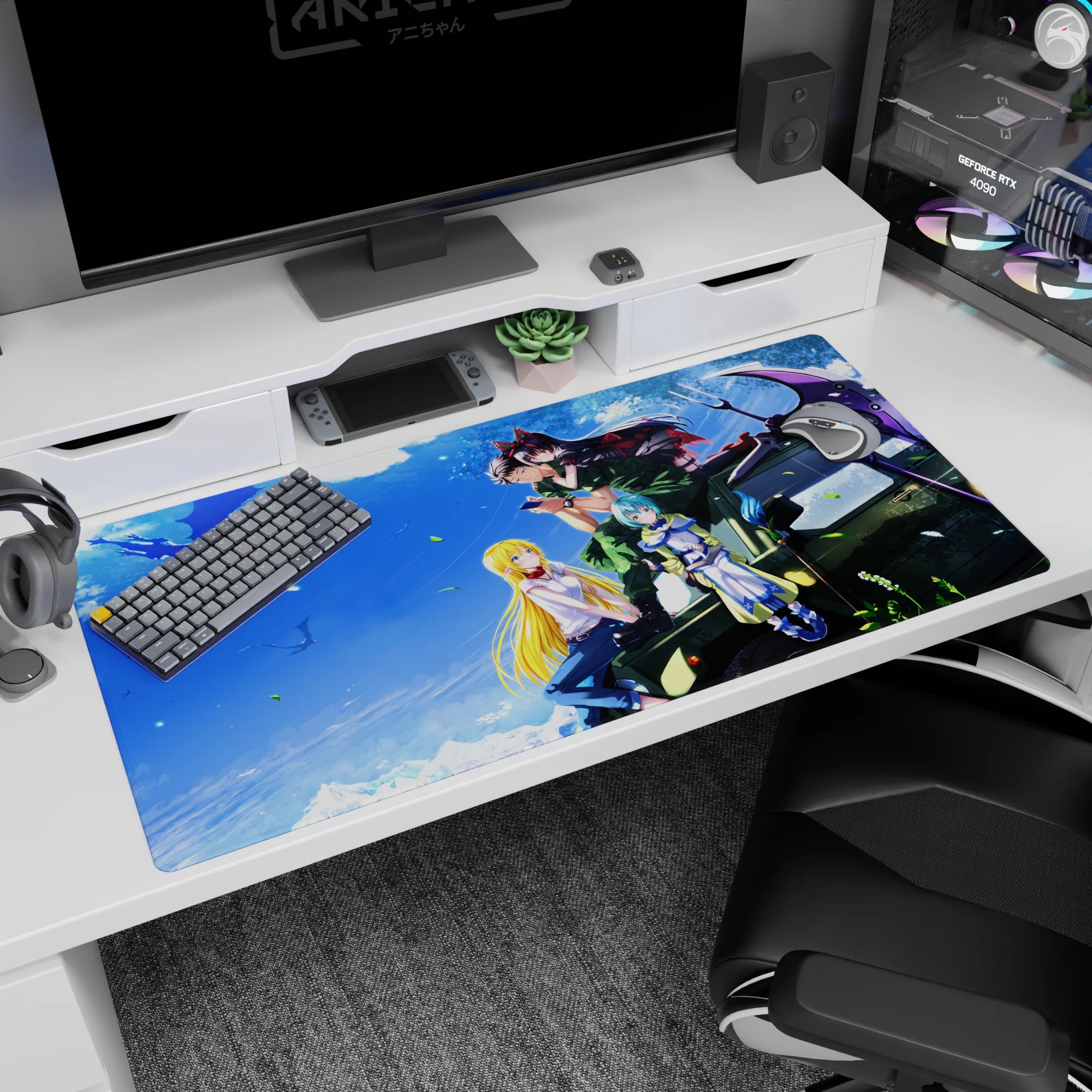 Anime desk pad 40x20 inches showing a guy on a jeep with a red-bow girl clinging close, playful.