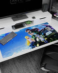 Anime desk pad 40x20 inches showing a guy on a jeep with a red-bow girl clinging close, playful.