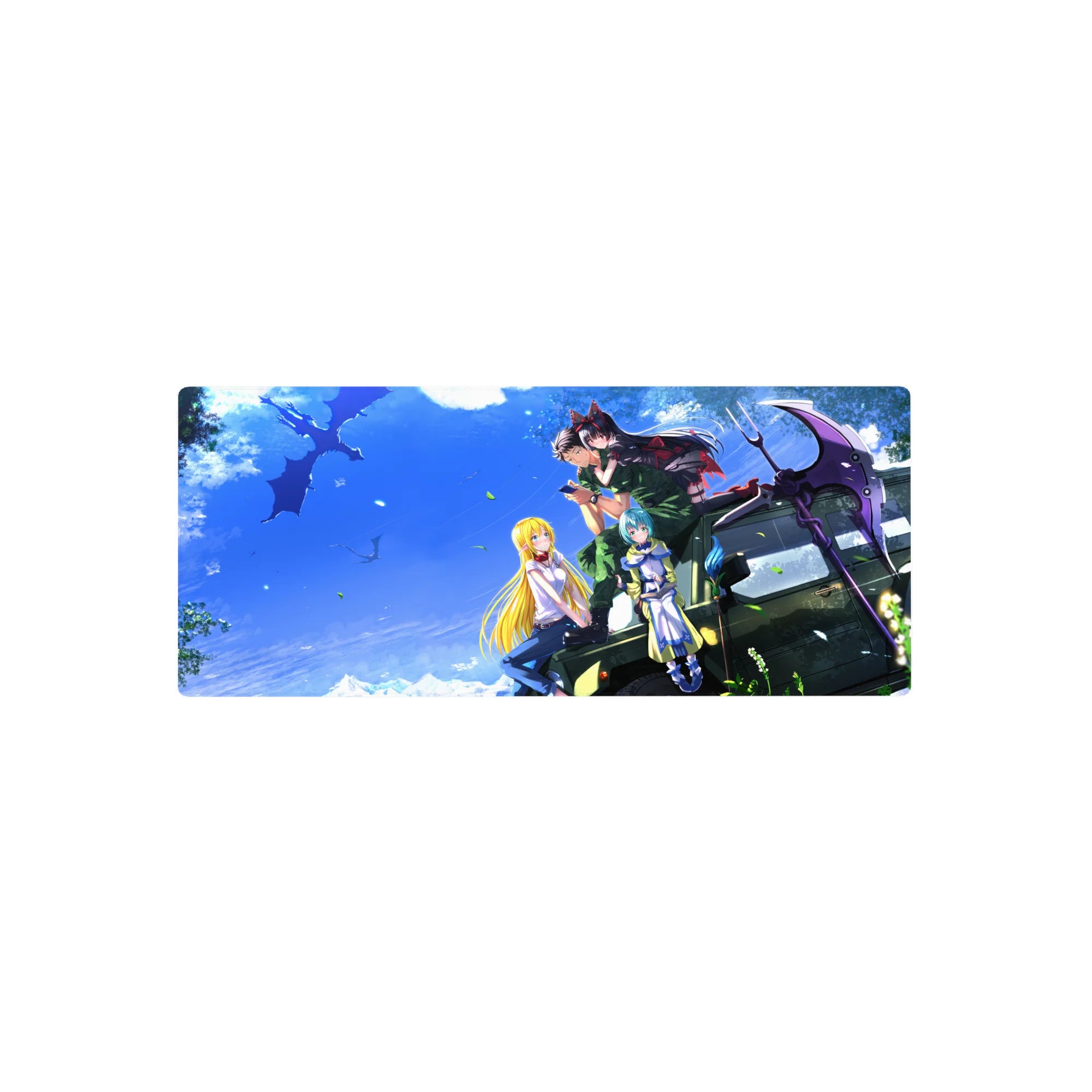 Anime girl mouse pad 28x12 inches with road-trip jeep scene, four characters, and drifting leaves.
