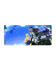 Anime girl mouse pad 28x12 inches with road-trip jeep scene, four characters, and drifting leaves.