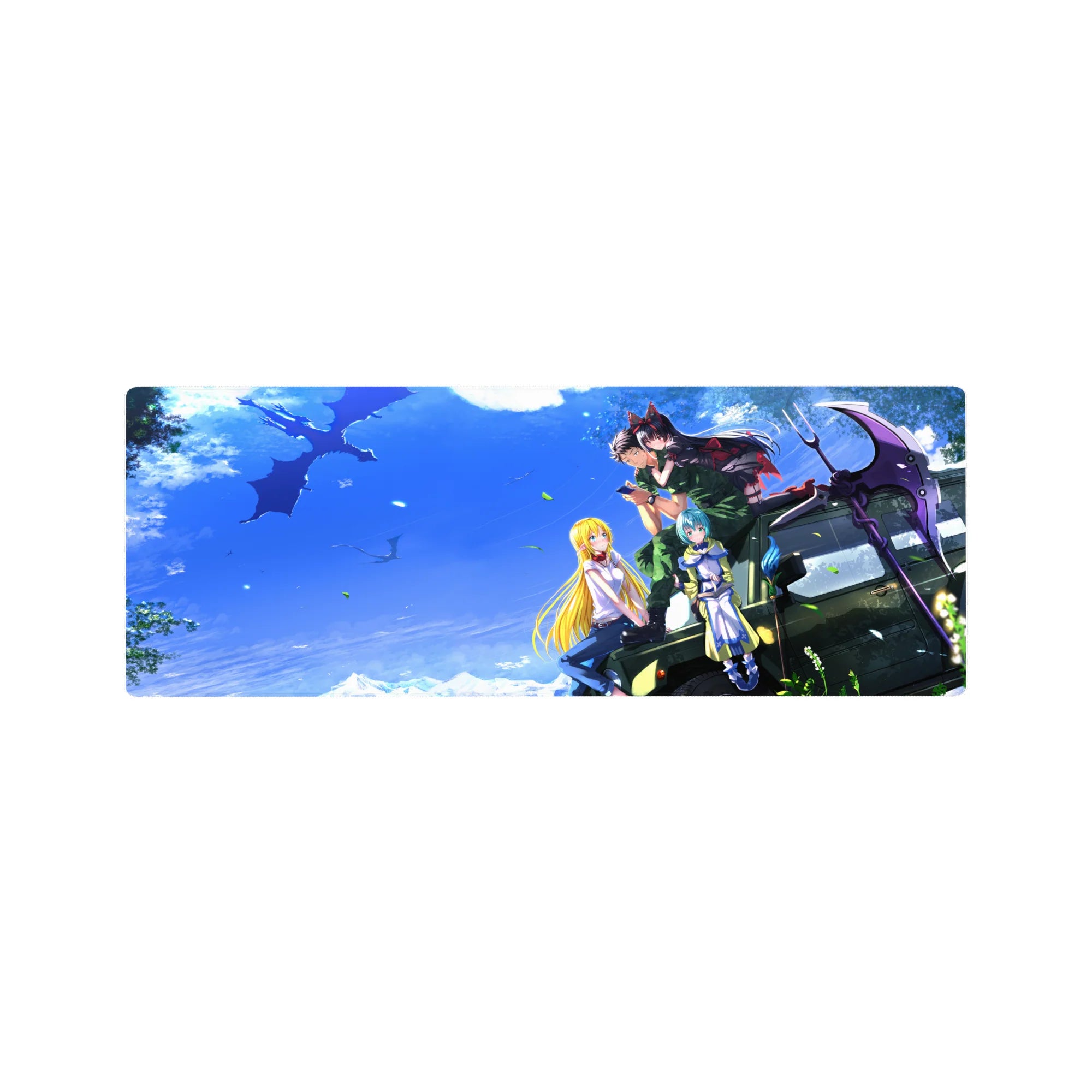 32x12 inches anime girl mouse pad with road-trip jeep scene, four characters, bright sky and leaves.
