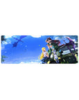 32x12 inches anime girl mouse pad with road-trip jeep scene, four characters, bright sky and leaves.