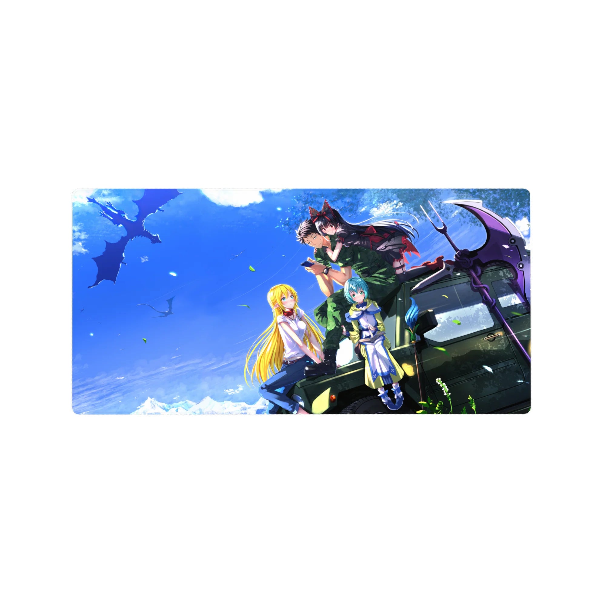 Anime girl mouse pad 32x16 inches with road-trip jeep scene, four characters, and drifting leaves.