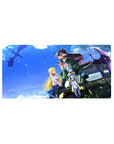 Anime girl mouse pad 32x16 inches with road-trip jeep scene, four characters, and drifting leaves.