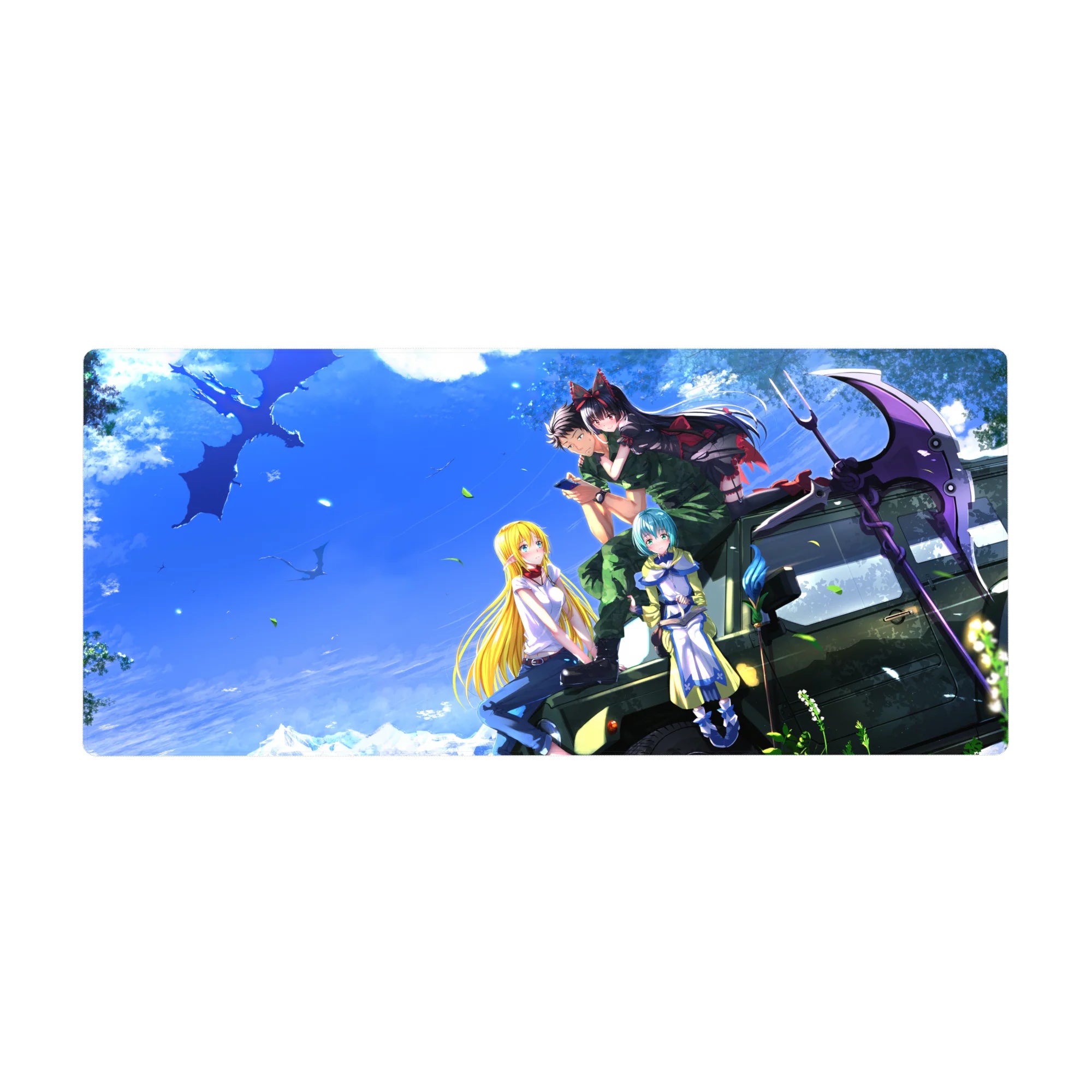 Anime girl desk pad 36x16 inches with road-trip jeep scene and four characters in vibrant sky and leaves.