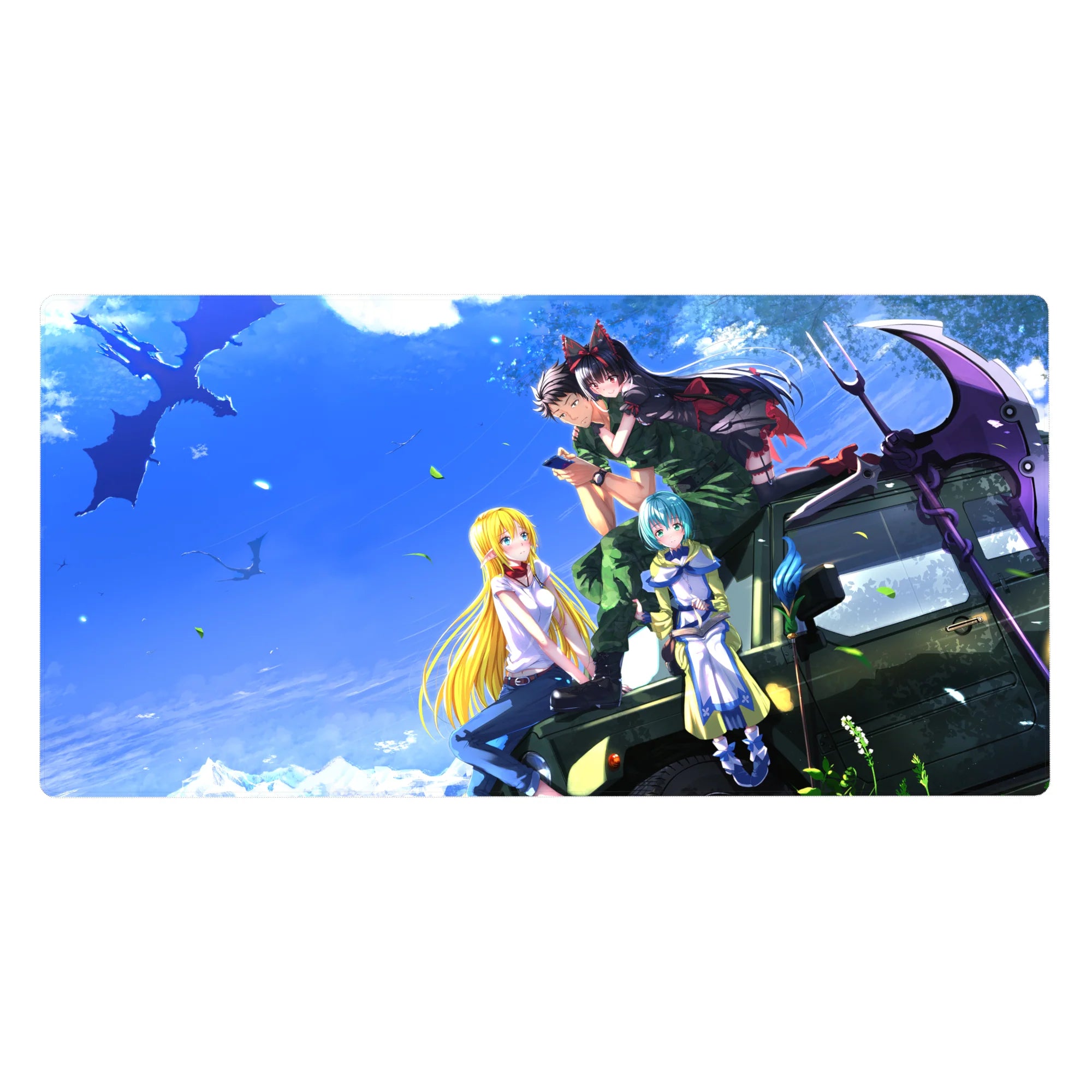 Anime girl desk pad 40x20 inches with road-trip jeep scene, four characters, and drifting leaves.