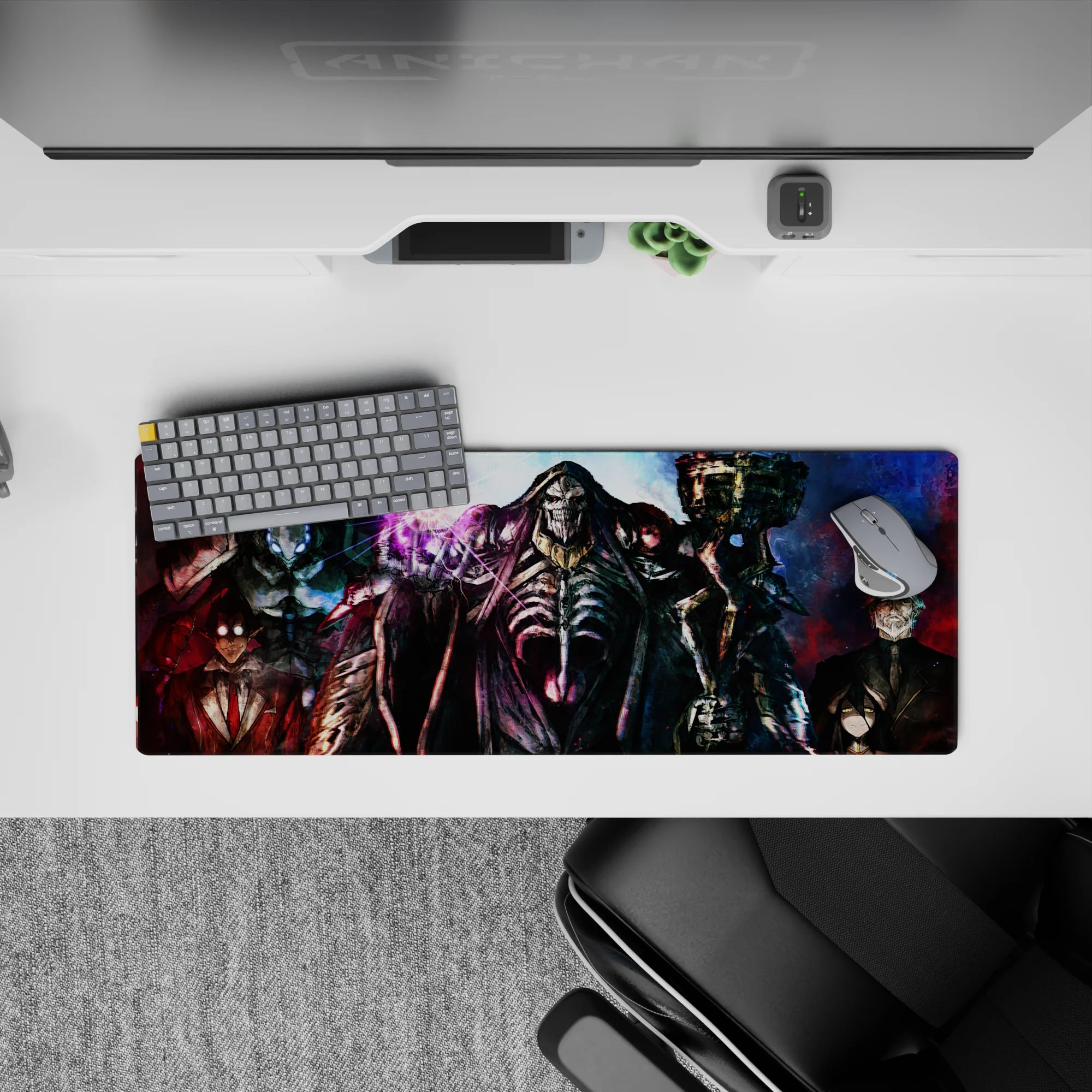 Ainz Ooal Gown with Guardians of Nazarick on 32x12 inch anime mouse pad, featuring striking blues and reds with intense gazes.