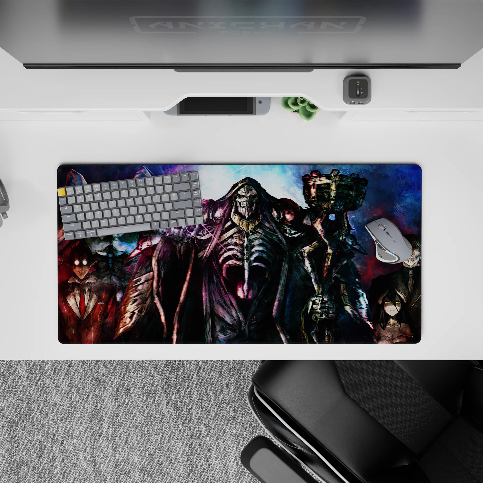 Anime mouse pad 32x16 inches featuring Ainz Ooal Gown and Guardians of Nazarick, showcasing vibrant spelllight and chilling gazes.