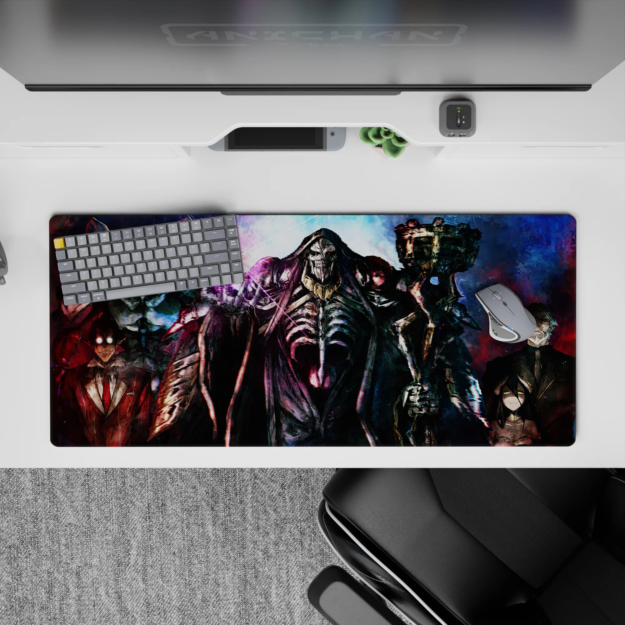 Ainz Ooal Gown and Guardians of Nazarick on 36x16 inch anime desk pad, vibrant blues and reds with spelllight bursts.