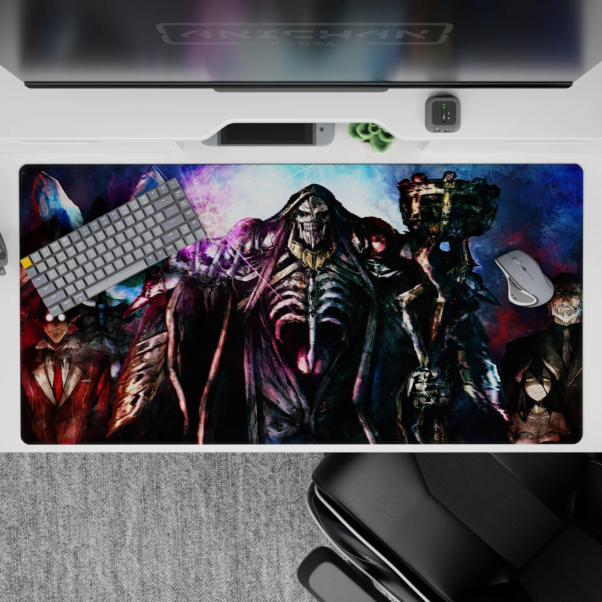 Overlord anime desk pad 40x20 inches featuring Ainz Ooal Gown and Guardians of Nazarick with vibrant colors and spelllight.