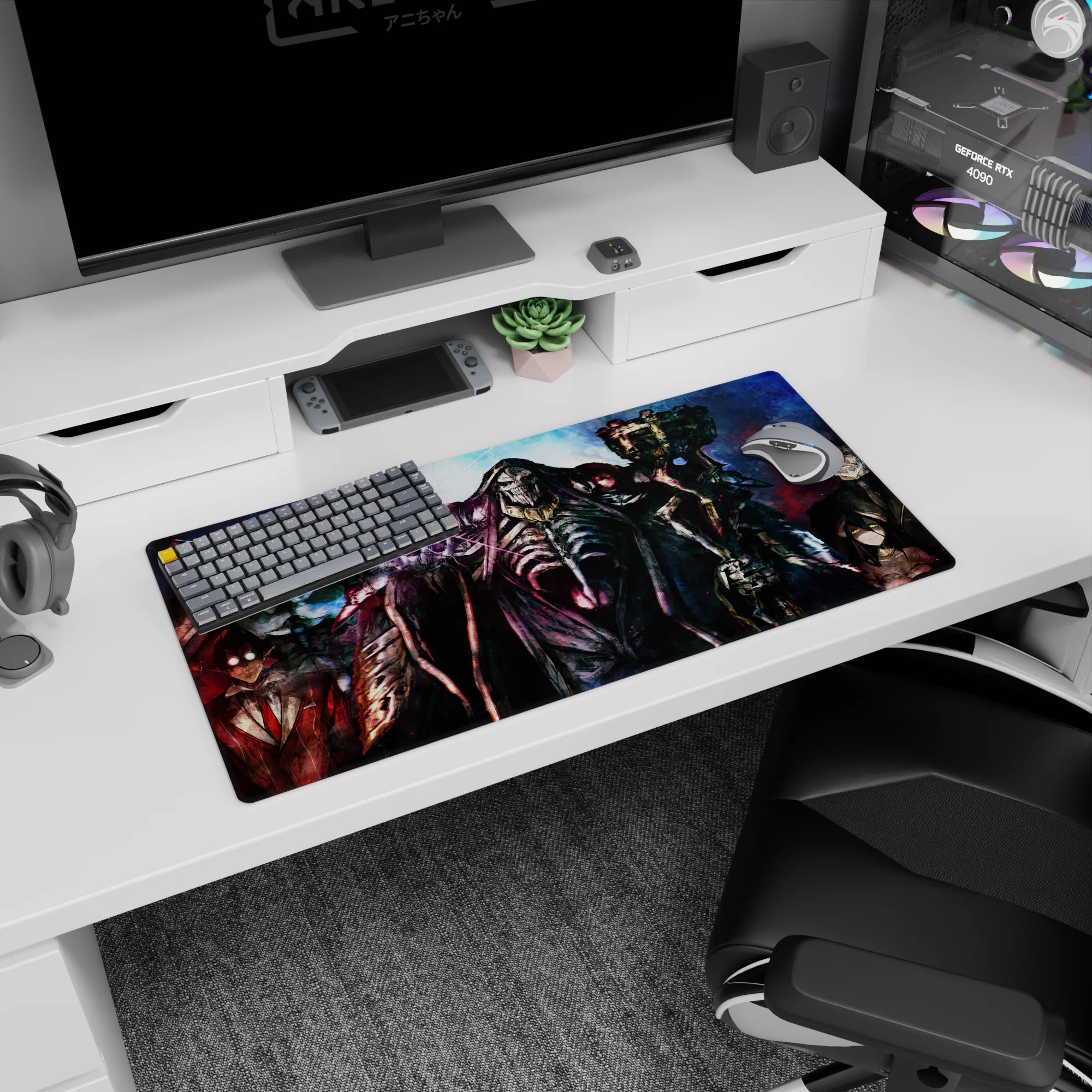 Ainz Ooal Gown and Guardians of Nazarick anime mouse pad, 32x16 inches, featuring dark, vibrant spelllight and chilling gazes.
