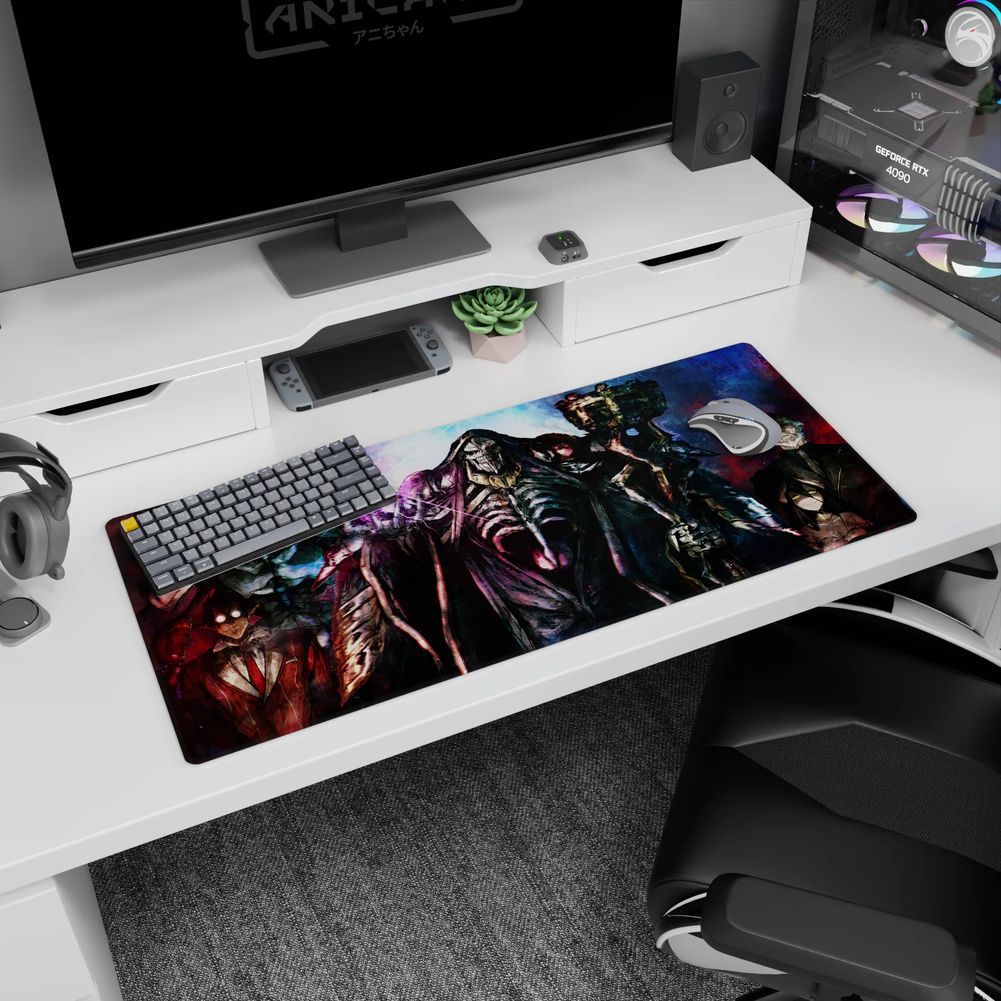 Anime desk pad 36x16 inches featuring Ainz Ooal Gown and Nazarick Guardians in vivid blues and reds, exuding power.