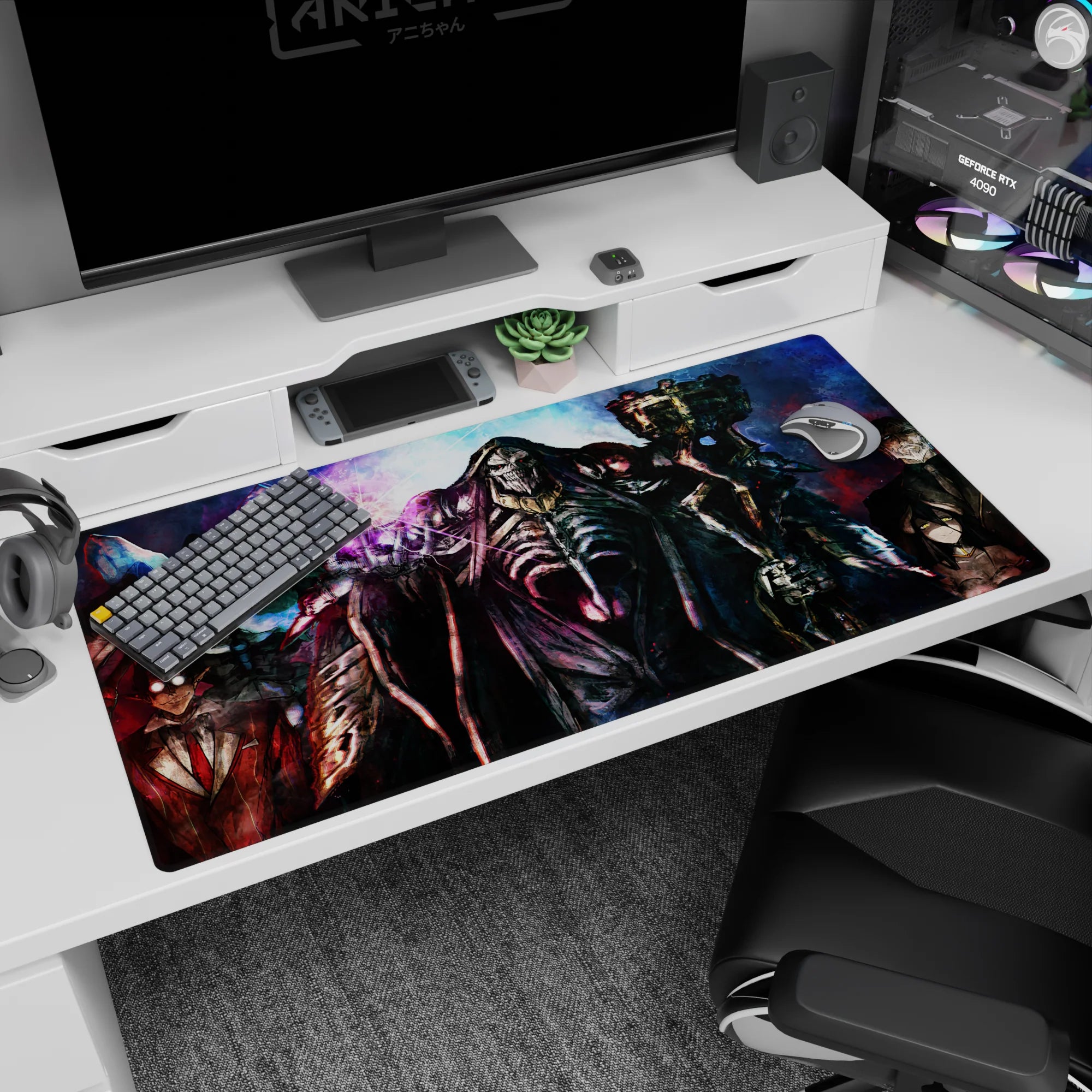 Anime desk pad 40x20 inches featuring Ainz Ooal Gown and Guardians of Nazarick, vibrant blues and reds, spellbinding art.