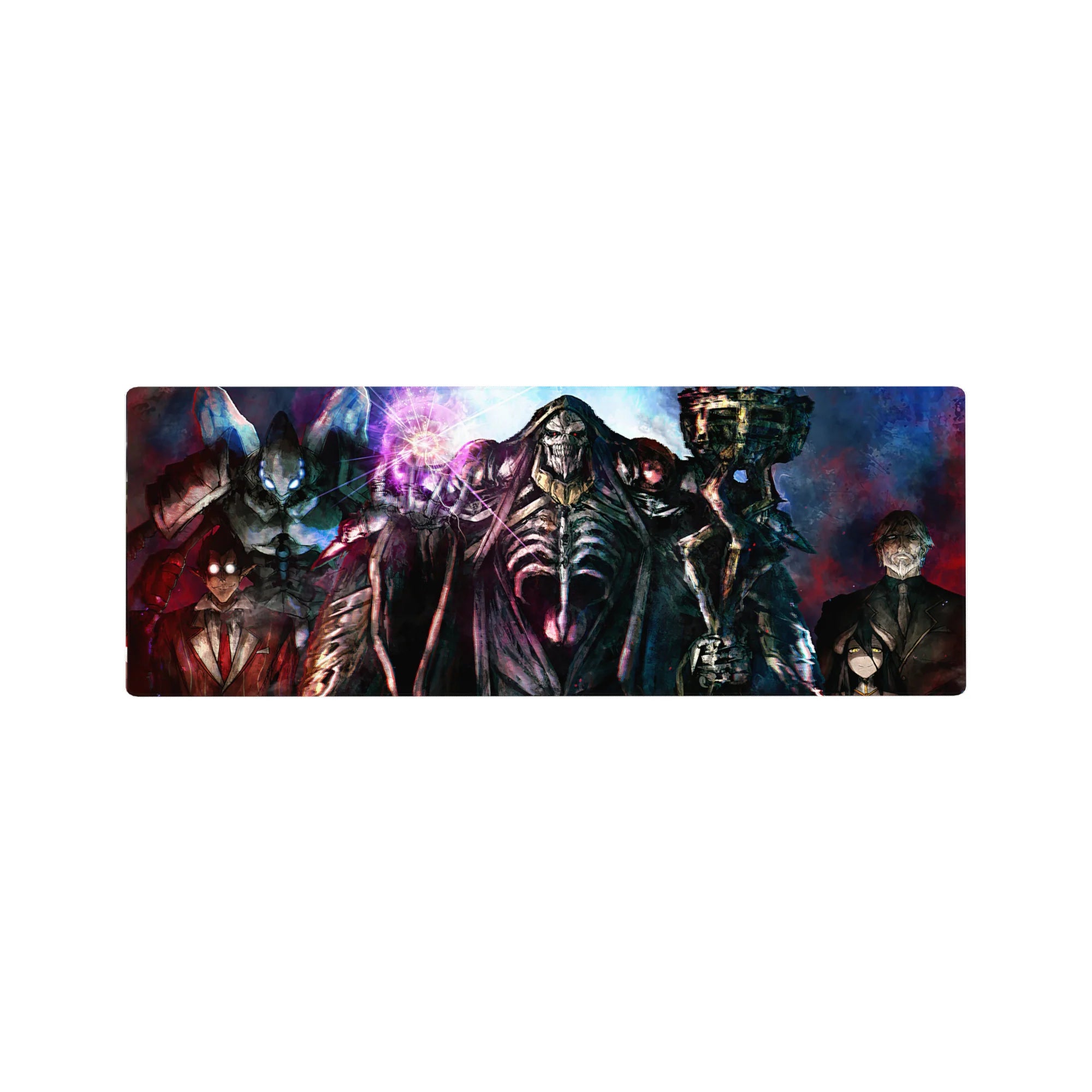 Ainz Ooal Gown and Guardians of Nazarick anime mouse pad, 32x12 inches, with vibrant blues, reds, and spelllight bursts.