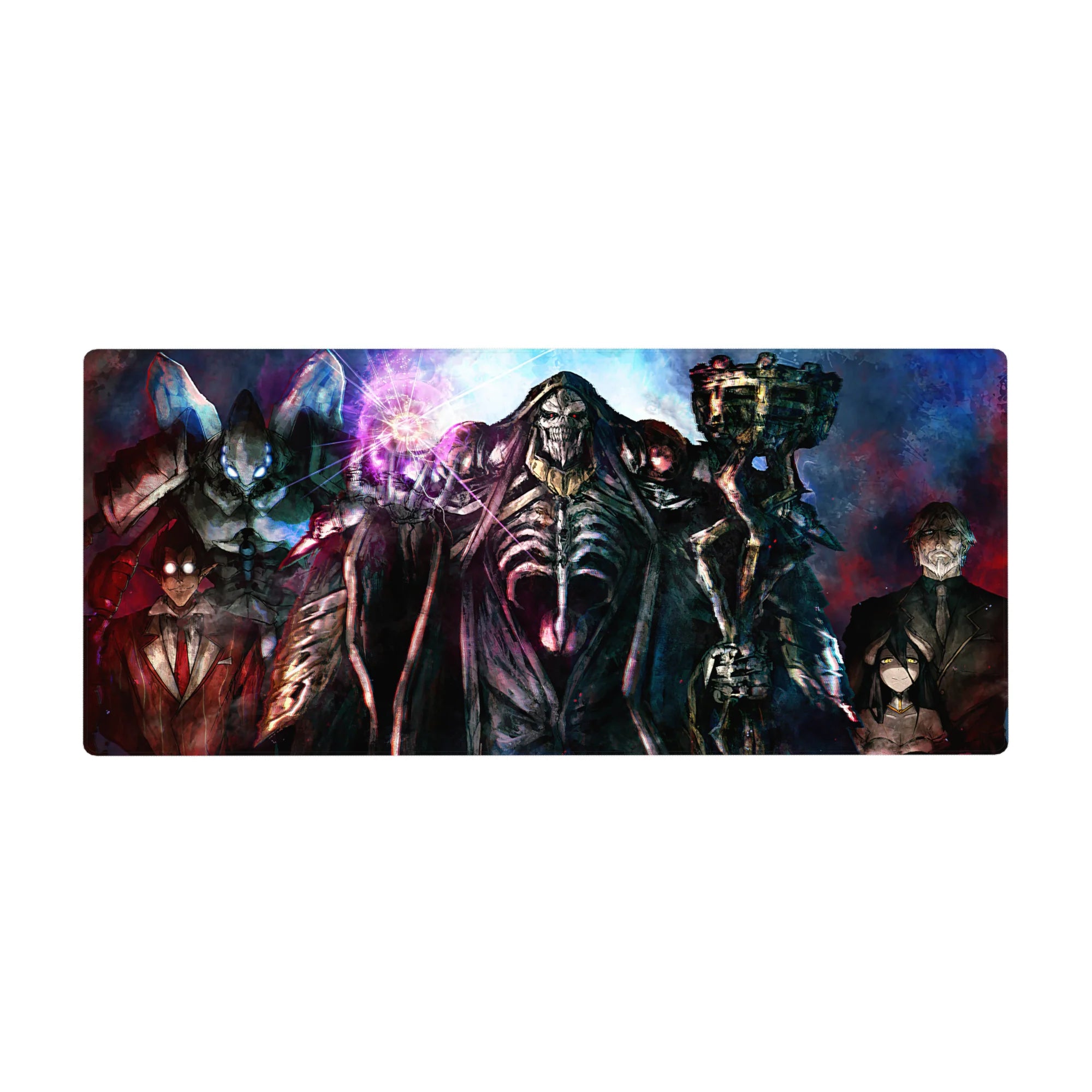 Ainz Ooal Gown and Guardians of Nazarick anime desk pad, 36x16 inches, with vibrant spelllight and chilling gazes.
