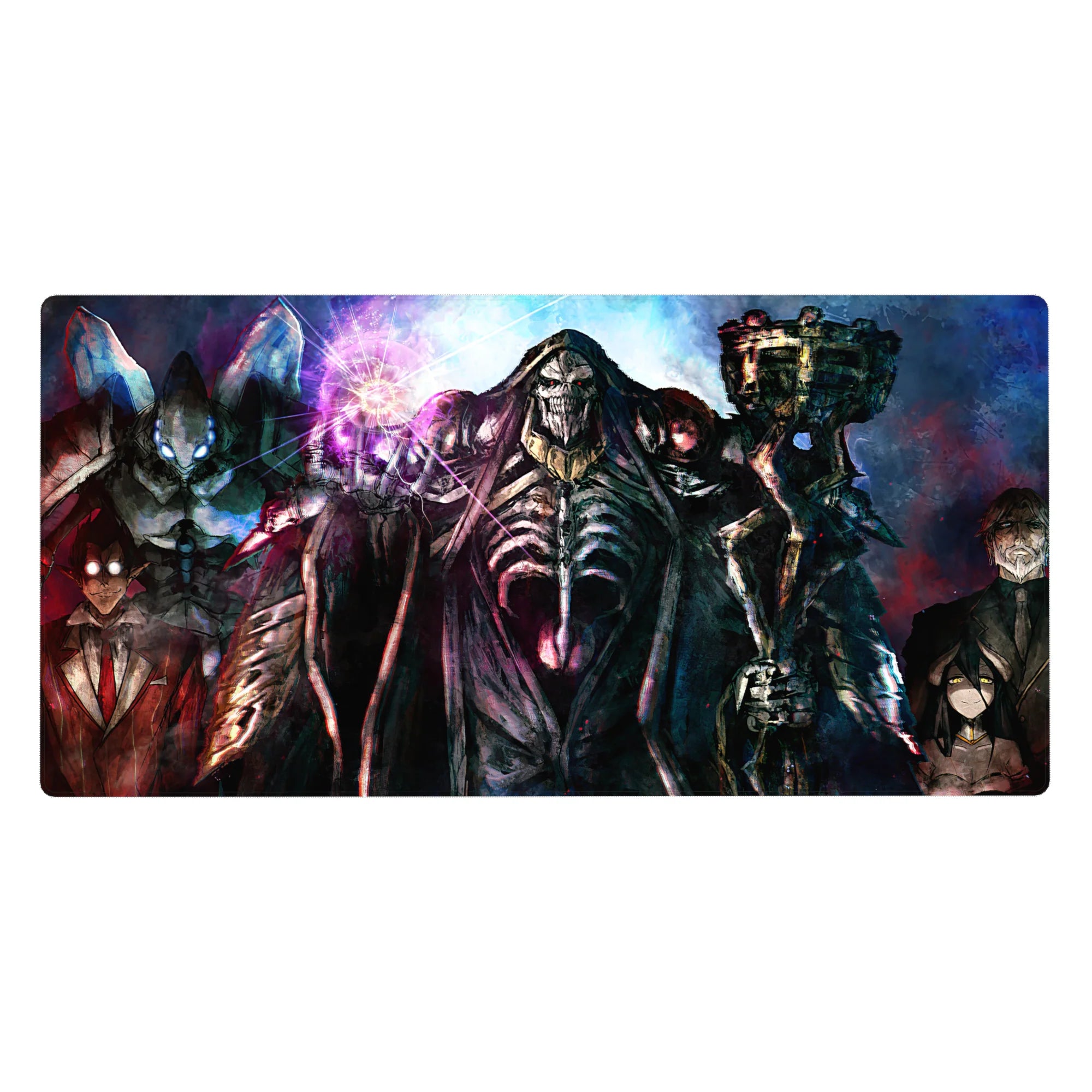 Ainz Ooal Gown and Nazarick Guardians anime desk pad, 40x20 inches, with vibrant blues and reds, perfect for fans.