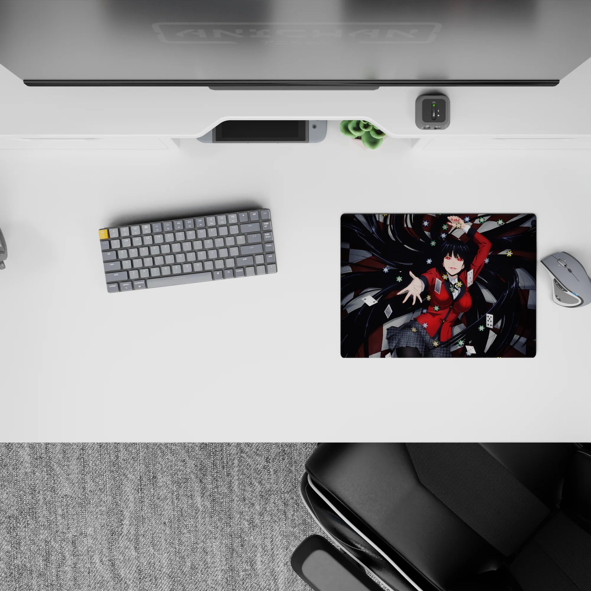 Red and black anime girl mouse pad 14x10 inches with glossy shadows and high-energy gambling vibe.
