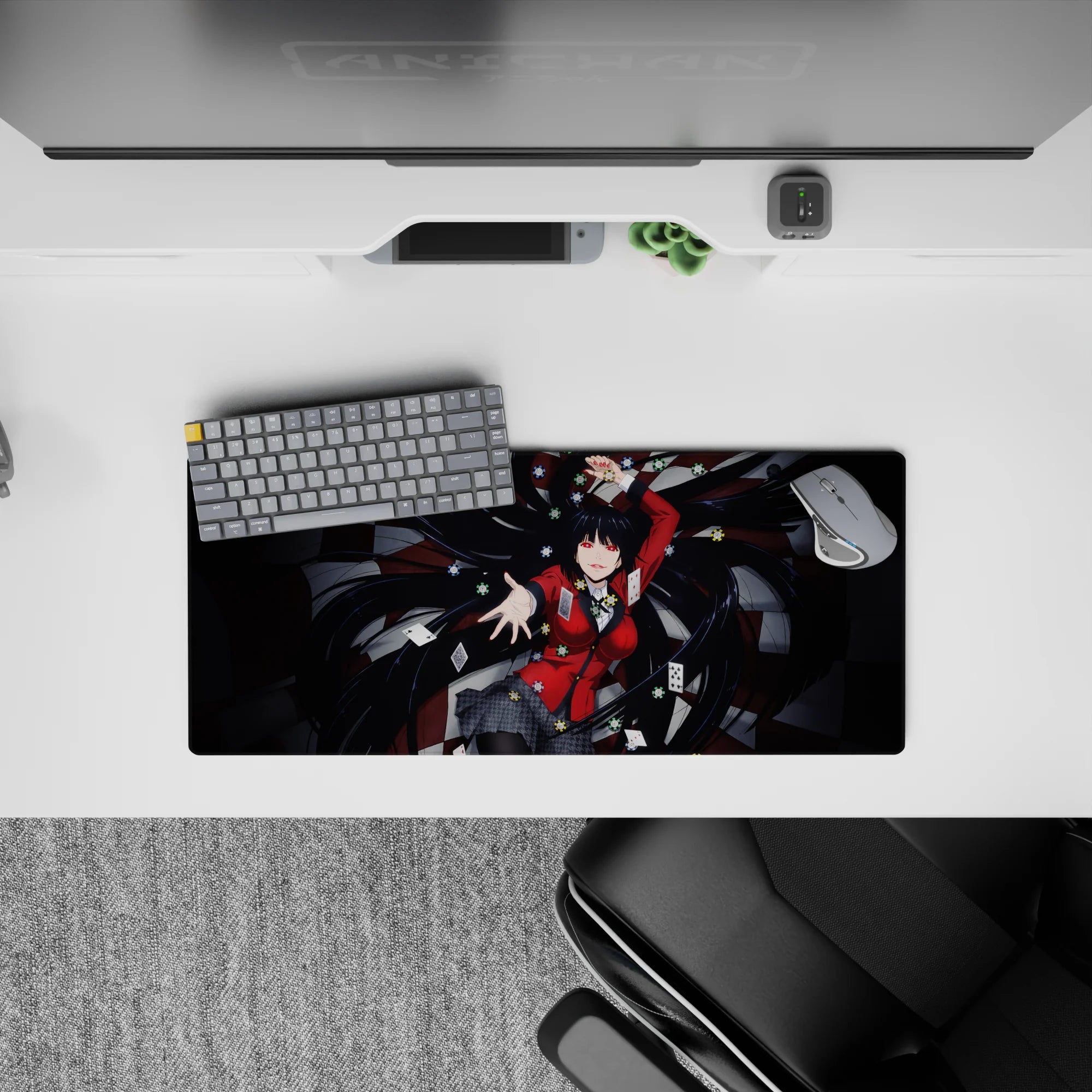 Red-and-black casino chaos anime girl mouse pad 28x12 inches, glossy shadows, bold crimson accents.