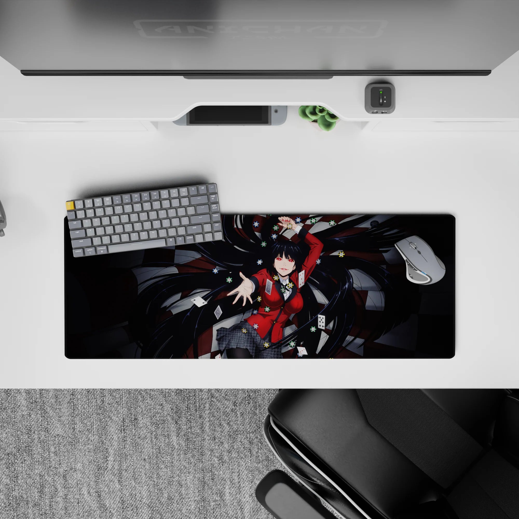 Anime girl mouse pad 32x12 inches in crimson and black, glossy shadows, red accents, high-stakes casino vibe.