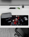 Anime girl mouse pad 32x12 inches in crimson and black, glossy shadows, red accents, high-stakes casino vibe.