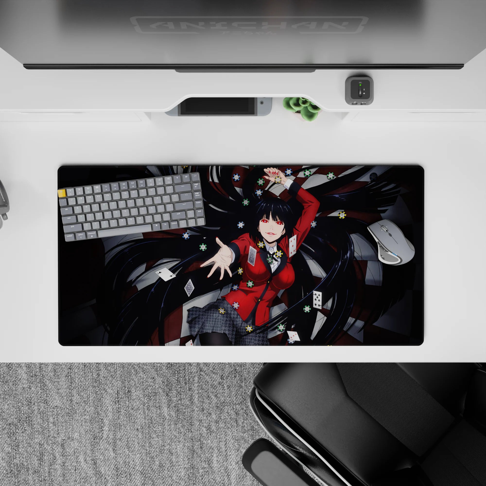 32x16 inches Kakegurui-style mouse pad in crimson and black, glossy shadows, high-stakes vibe.
