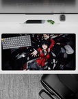 32x16 inches Kakegurui-style mouse pad in crimson and black, glossy shadows, high-stakes vibe.
