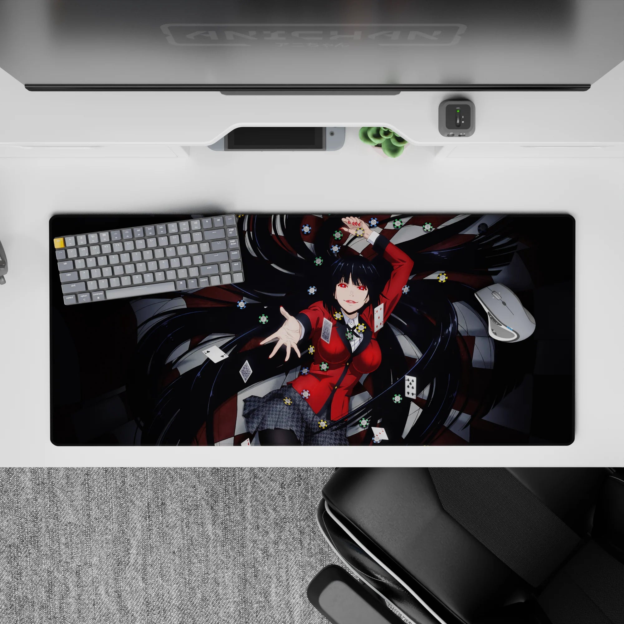 36x16 inches anime girl desk pad in crimson and black, glossy shadows, high-stakes casino vibe.