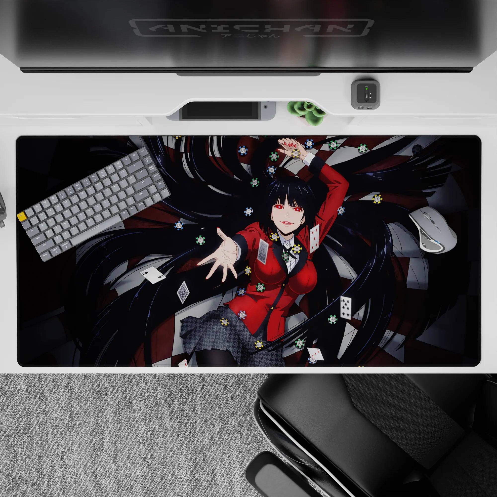 Crimson, black, and red casino vibe anime desk pad with glossy shadows and bold contrast, 40x20 inches.