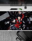 Crimson, black, and red casino vibe anime desk pad with glossy shadows and bold contrast, 40x20 inches.