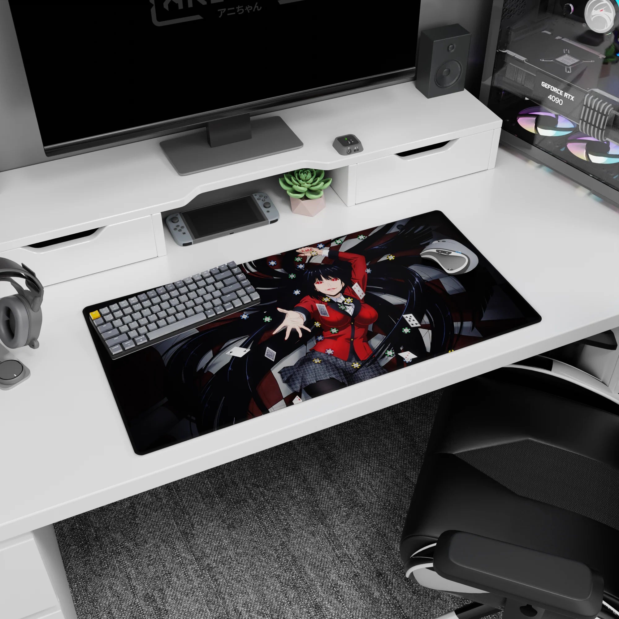 32x16 inches anime girl mouse pad with sharp-eyed girl in crimson blazer reaching out, hair swirling.