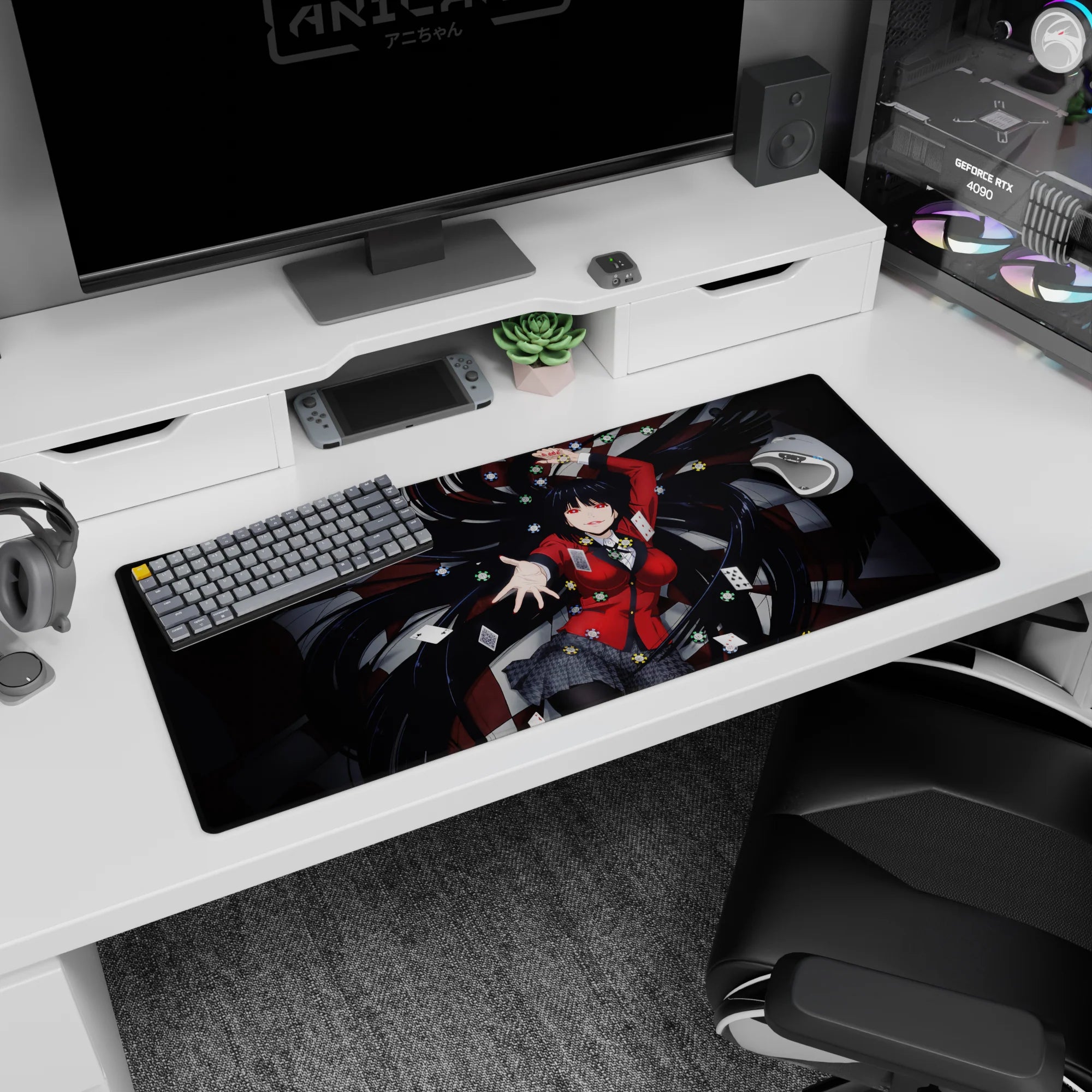 Sharp-eyed girl in crimson blazer reaches out on 36x16 inches anime desk pad, hair like ribbons, cards flying.