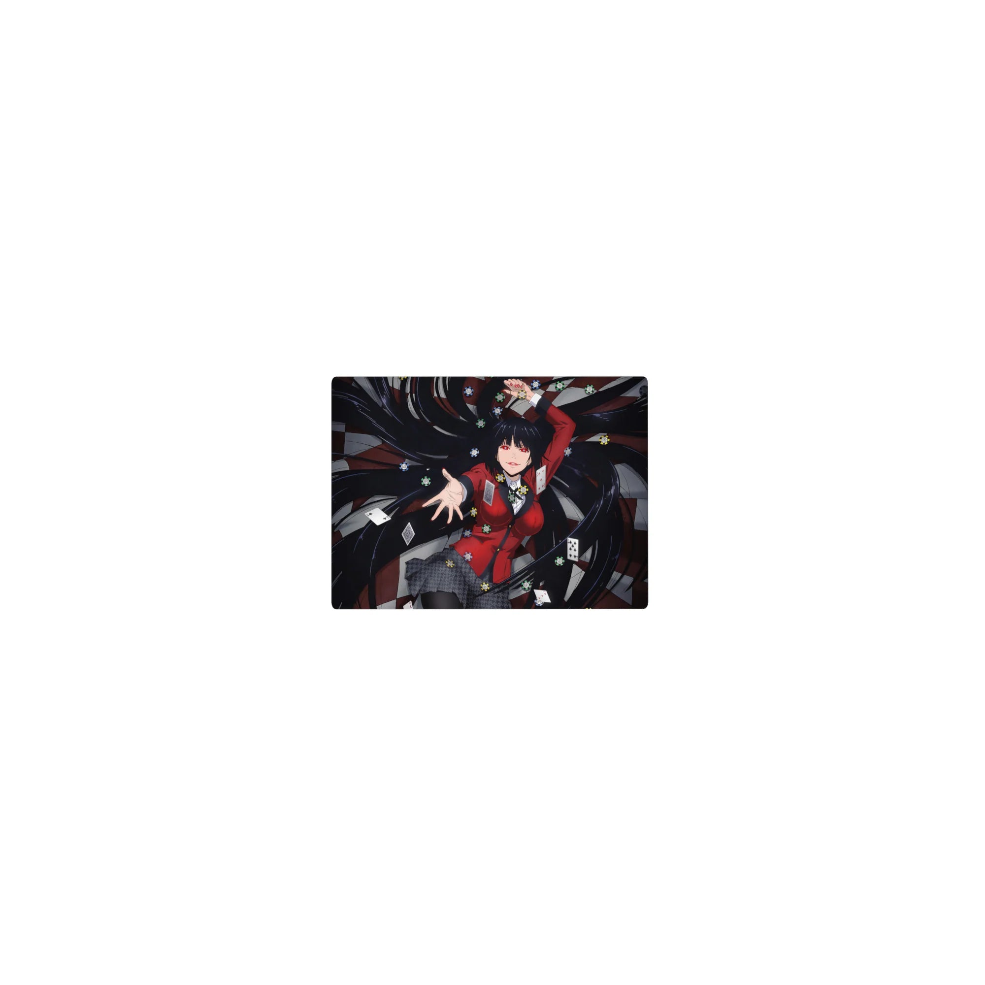 Classic anime girl mouse pad 14x10 inches with poker chips, cards, and dark checkered casino backdrop.
