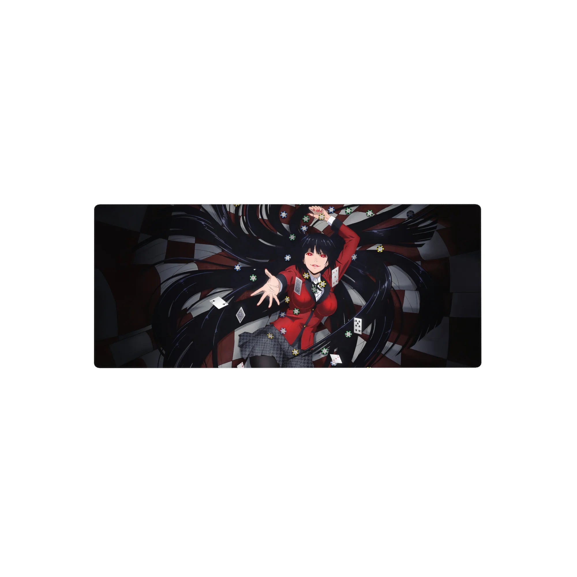 Kakegurui-inspired anime girl mouse pad 28x12 inches with poker chips, cards, and dark checkered backdrop.