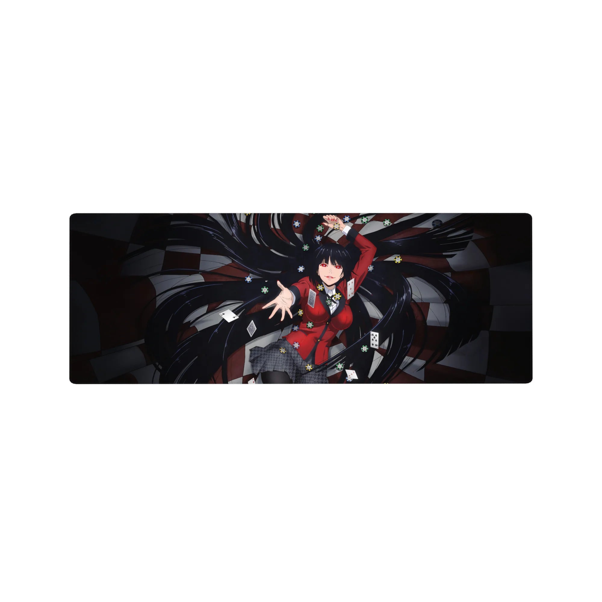 Kakegurui-inspired anime girl mouse pad 32x12 inches with cards, poker chips, and checkered casino background.