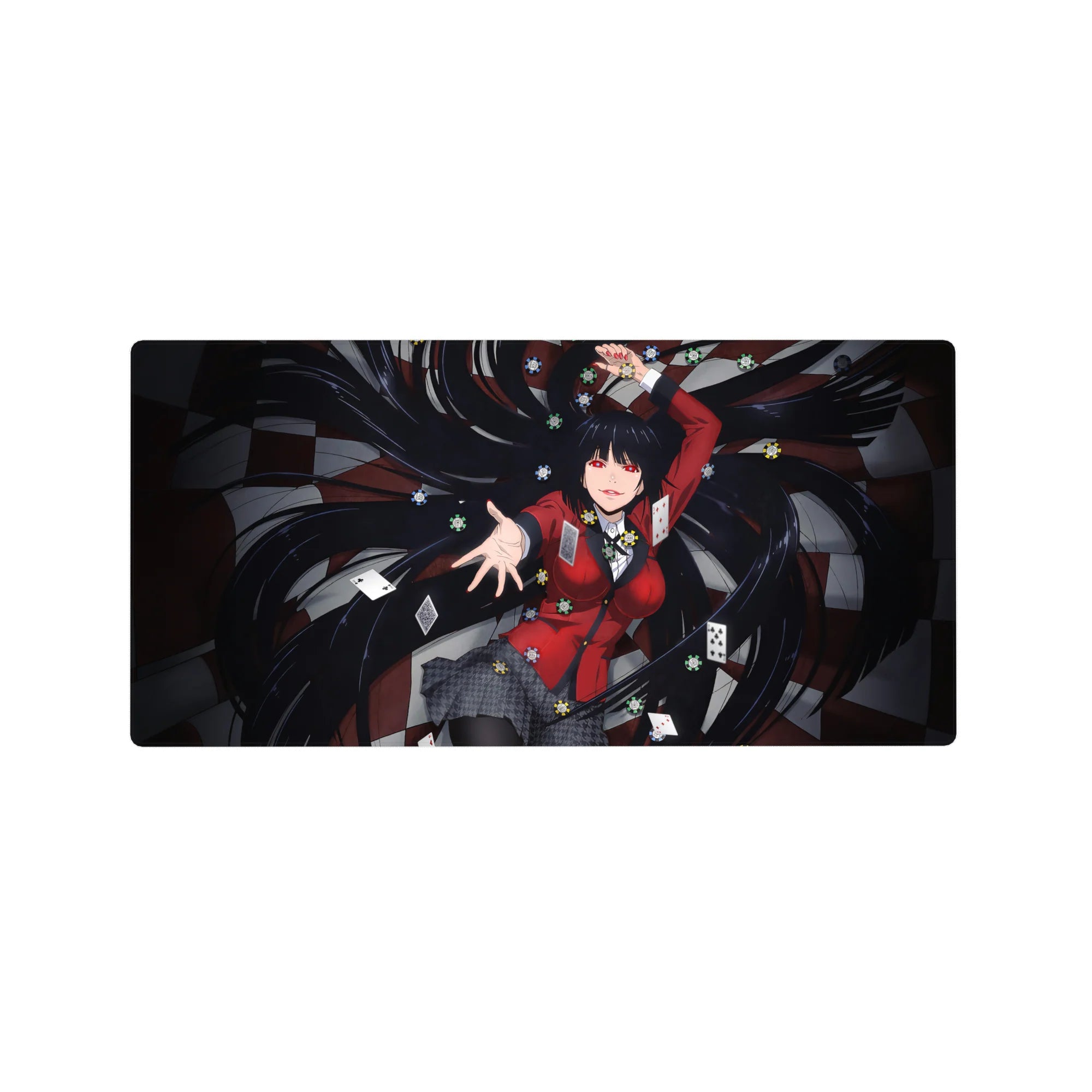 32x16 inches anime girl mouse pad with casino cards, poker chips, and dark checkered background.
