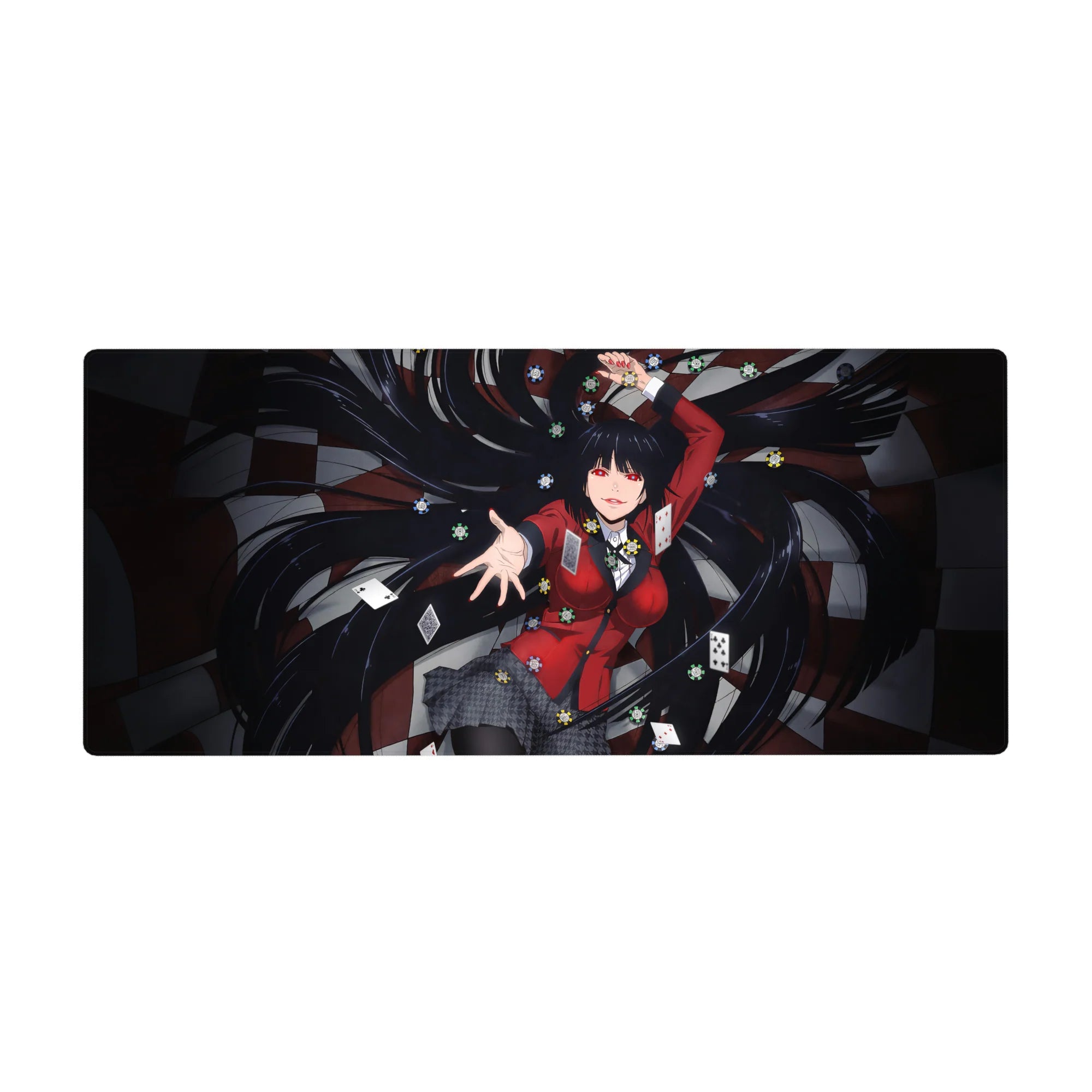 Kakegurui anime girl desk pad 36x16 inches with poker chips, cards, and dark checkered casino backdrop.