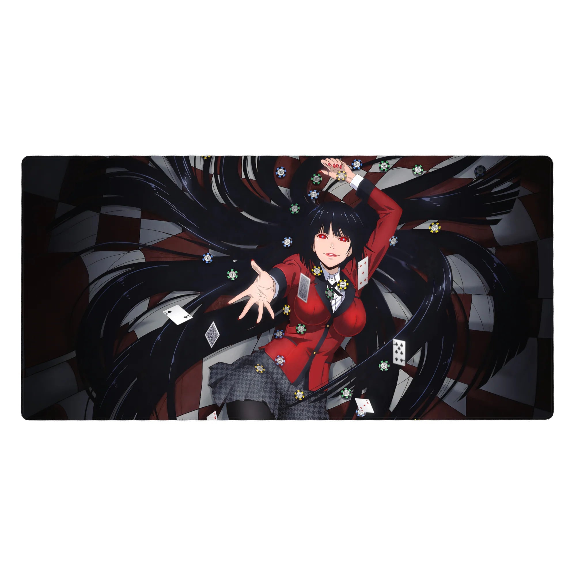 Kakegurui-style anime girl desk pad, poker chips and cards on dark checkered background, 40x20 inches.