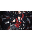 Kakegurui-style anime girl desk pad, poker chips and cards on dark checkered background, 40x20 inches.